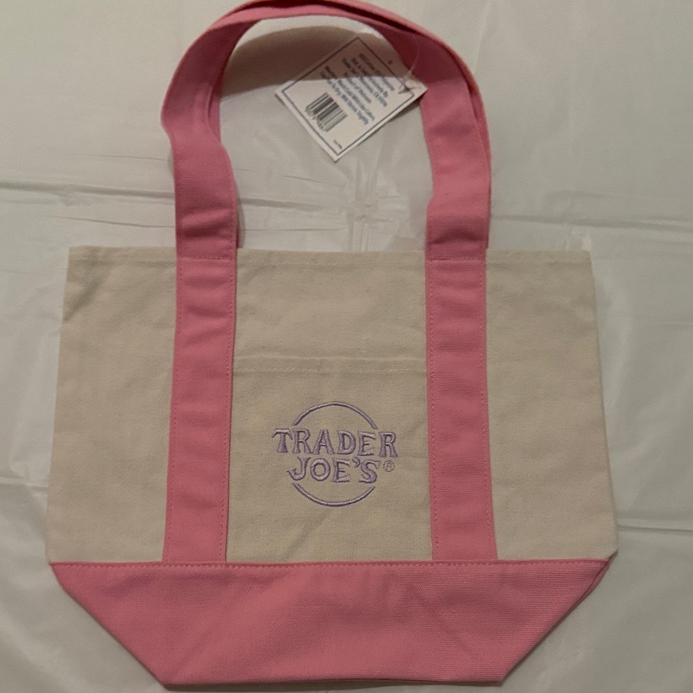 Trader Joe’s Pink and Cream Canvas Tote with cherry blossom iron ons - Picture 3 of 3